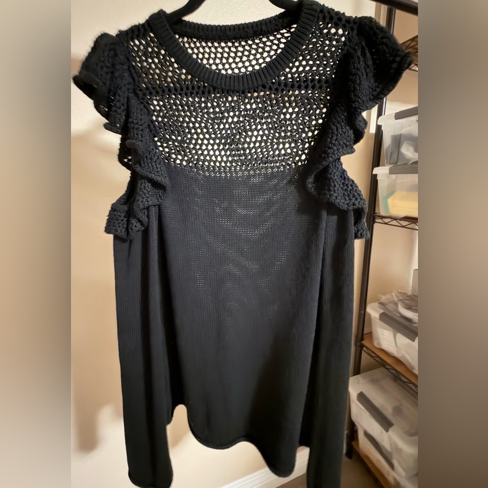 Preowned Maeve Black Crochet Ruffle Open-knit Sweater Top Size S